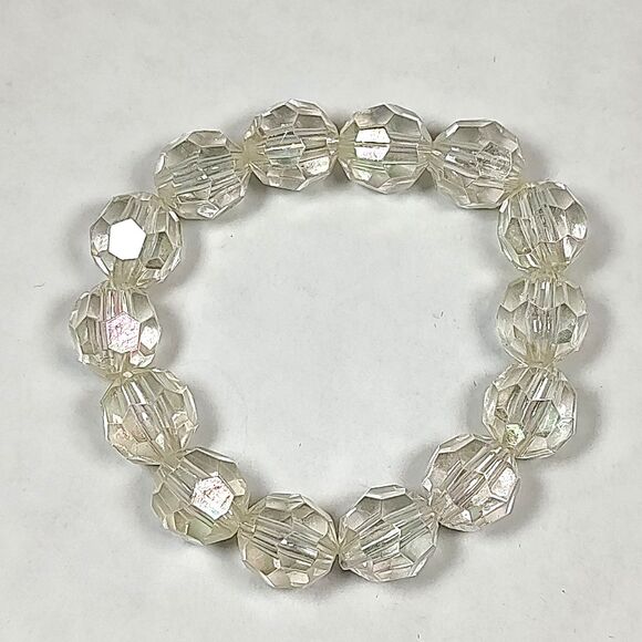 Opaque Clear Iridescent Plastic Beaded Stretch Fashion Bracelet 5.75" Bridal - Picture 2 of 13